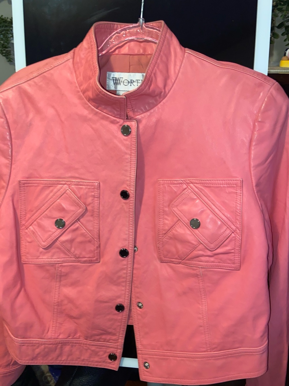 Worth Coral-Pink Leather Jacket with Snap Front
